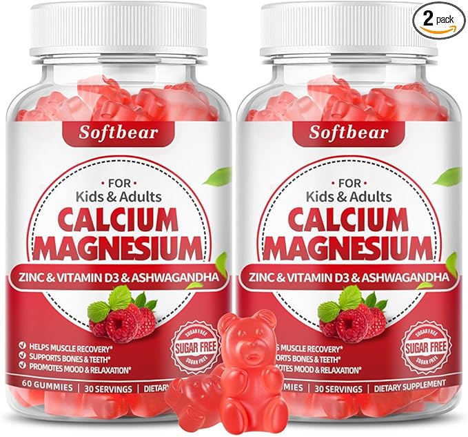 softbear Calcium Magnesium Zinc Gummies for Adult & Kids, Suagr-Free Calcium Magnesium Zinc D3 Supplement for Bone Strength & Immune Health, Raspberry Flavor 120 Count