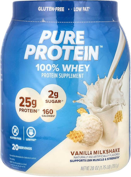 Pure Protein Powder, Whey, High Protein, Low Sugar, Gluten Free, Vanilla Cream, 1.75 lbs