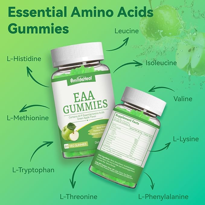 SmideHeal EAA Gummies, 5750 mg Essential Amino Acids - All 9 Essential Aminos (EAA) and All Branched-Chain Aminos (BCAAs), Non-GMO, Gluten Free, Vegetarian Friendly, Apple Flavor, 60 Gummies