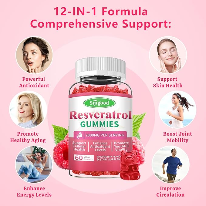 Organic Resveratrol Gummies for Women - Sugar Free Resveratrol-Nutritional-Supplements for Antioxidant Support, Cellular Health, Immunity, Brain & Energy, Raspberry Flavor, 60 Count