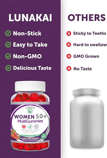 Lunakai USA Made 50 Plus Women's Multivitamin Gummies - Delicious Formula Enhanced with Essential Vitamins & Minerals for Health & Vitality - 3 Pack