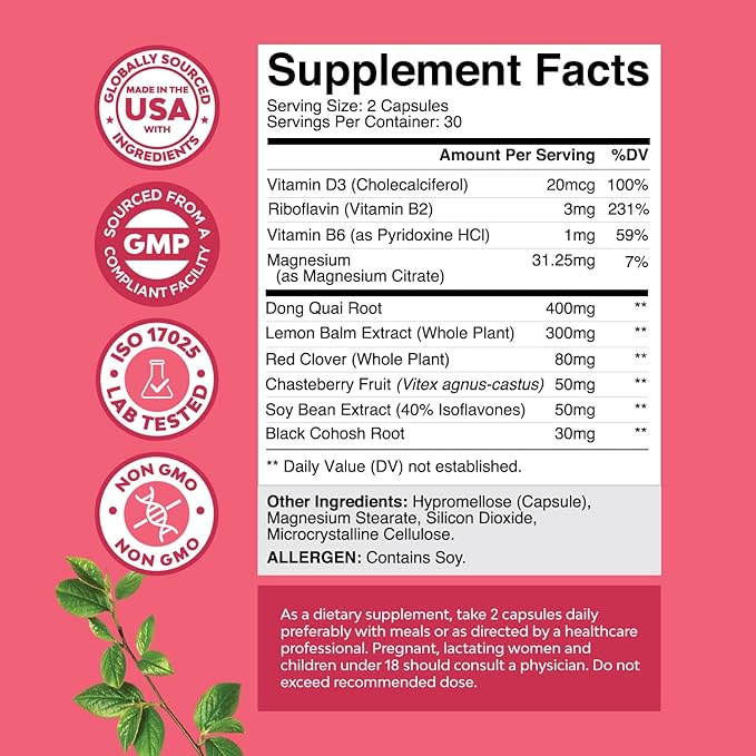Natures Craft Complete Herbal Menopause Supplement for Women - Female Hormone Balance Capsules for Night Sweats Hot Flashes & Mood Swings with Dong Quai, Chaste Berry & Black Cohosh Root - 60 Count