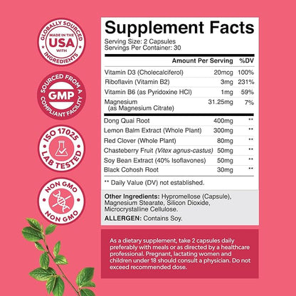 Natures Craft Complete Herbal Menopause Supplement for Women - Female Hormone Balance Capsules for Night Sweats Hot Flashes & Mood Swings with Dong Quai, Chaste Berry & Black Cohosh Root - 60 Count