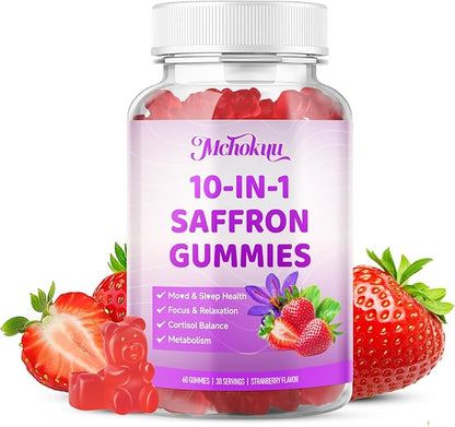 Saffron Supplements Gummies for Kids & Adults Vision, Zzz, Focus & Cortisol with Ashwagandha, L-Theanine, Rhodiola Rosea, St.John's Wort, Lemon Balm, Vitamin D3, B6, Magnesium & Zinc, Strawberry, 120