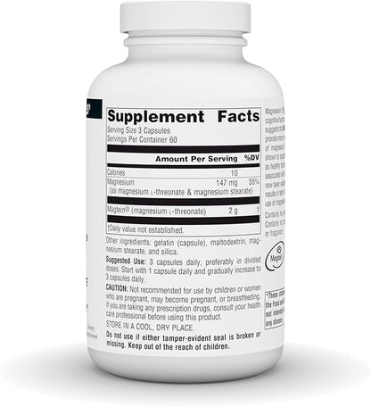 Source Naturals Magtein Magnesium L-Threonate, 667mg, Supports Focus, Mood, Healthy Memory, Cognitive Function - 180 Capsules