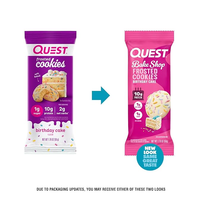 Quest Nutrition Frosted Cookies Twin Pack, Birthday Cake, 1g Sugar, 10g Protein, 1g Net Carbs, Gluten Free, 16 Cookies, (Pack of 2)