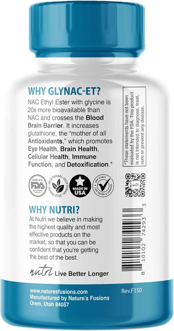 Nutri NAC Ethyl Ester + Glycine - Extra Strength 375mg - NACET 1800mg - 20x More Bioavailable than GlyNAC - N-Acetylcysteine - Anti Aging Supplement, Boost Glutathione - 60 Capsules - 3rd Party Tested