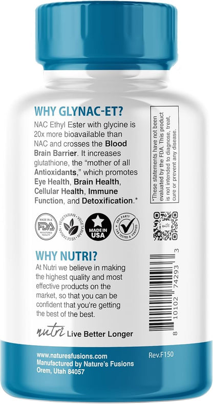 Nutri NAC Ethyl Ester + Glycine - Extra Strength 375mg - NACET 1800mg - 20x More Bioavailable than GlyNAC - N-Acetylcysteine - Anti Aging Supplement, Boost Glutathione - 60 Capsules - 3rd Party Tested