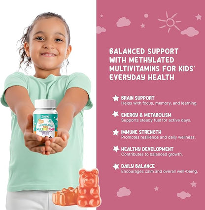 Methylated Multivitamin Gummies for Kids - Children’s MTHFR Support Supplement with B Complex 5-MTHF Folate (L-Methylfolate) B1 B3 B6 B12 Biotin Vitamins A C D3 E - Vegan Gluten-Free Sugar-Free