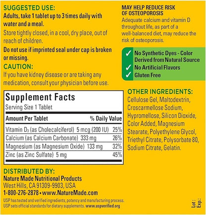 Nature Made Calcium, Magnesium & Zinc w. Vitamin D Tablets Value Size 300 Ct (3 Pack of 300)（Packaging may vary）