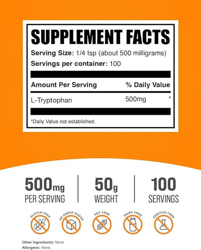 BulkSupplements.com L-Tryptophan Powder - Tryptophan Supplement, Amino Acid Supplement - Gluten Free, 500mg per Serving, 50g (1.8 oz) (Pack of 1)