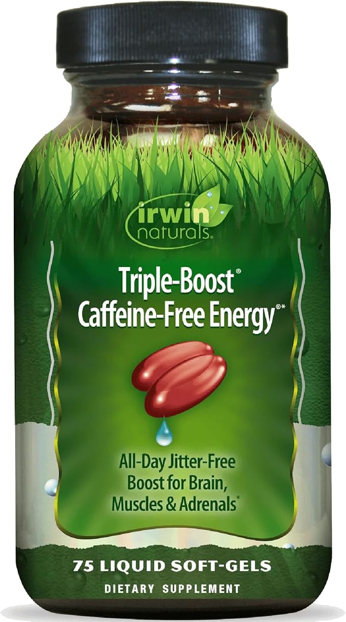Irwin Naturals Triple-Boost Caffeine-Free Energy - Lasting, Jitter-Free Focus - Brain Boosting Nootropic - 75 Liquid Softgels