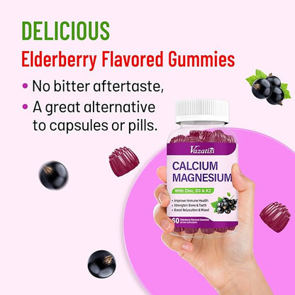 Calcium Magnesium Zinc Gummies with Vitamin D3 and K2, High Absorption Magnesium Glycinate Potassium for Immune and Muscles, Vegan Elderberry Flavor 120 Gummies