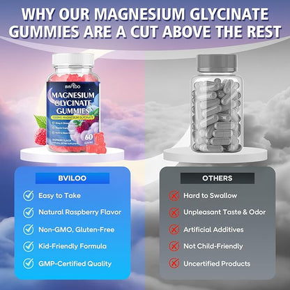 Magnesium Glycinate Gummies 1000mg with L-Threonate, Vitamin D, B6 & CoQ10 - Supports Memory, Calm & Mood - Sugar-Free Raspberry Flavor - 60 Count