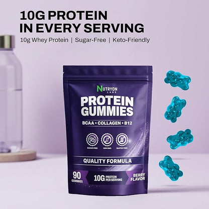 Whey Protein Gummies Zero Carb | 250g Total Protein per Bag |10g per Serving Plant Based 4 in1 Collagen & Vitamin B12 for Men & Women | 0 Sugar Gluten Free Non-GMO Mixed Berry Flavor