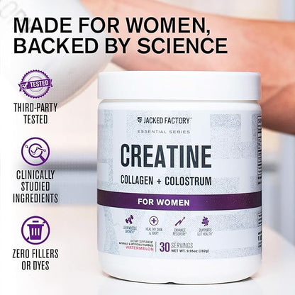 Jacked Factory Creatine for Women - Creatine Monohydrate with Collagen + Colostrum to Support Workout Performance, Lean Muscle Growth, Healthy Hair, Skin, & Nails - 30 Servings, Watermelon