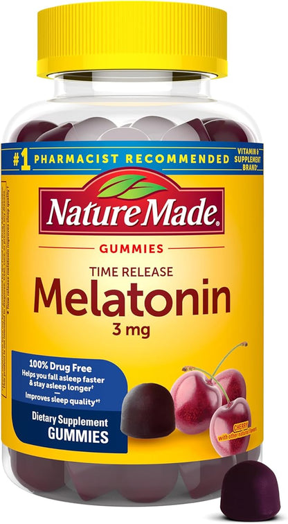 Nature Made Time Release Melatonin 3mg Gummies, 100% Drug Free Sleep Aid for Adults, 60 Melatonin Gummies, 60 Day Supply