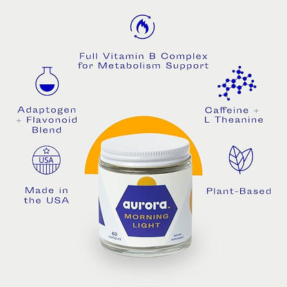 Morning Light, All-Natural Brain Booster, Immune Booster, and Energy Supplement, with Ashwagandha, Holy Basil, Maca Root, and Vitamin B Complex, 60 Capsules - Aurora