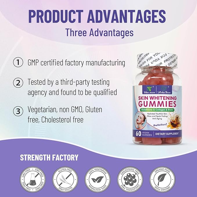 Skin Whitening Gummies, with I-Glutathione, Collagen & Bioth, Antioxidant & Skin Care, Anti-Aging, 60 Count