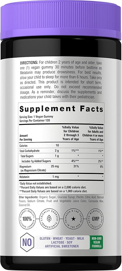 Horbaach Kids Melatonin & Magnesium | 120 Vegan Gummies | Berry Flavor | 100% Drug Free | Non-GMO and Gluten Free