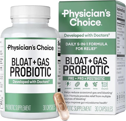 Physician's CHOICE Bloat & Gas Probiotic 5-in-1 Proactive Support + Daily Relief - Digestion & Gut Health- Herbals, Digestive Enzymes, Post & Prebiotics - Gas Relief for Adults - Women & Men - 30ct