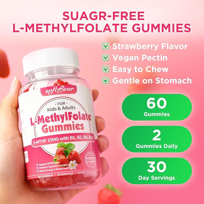 softbear L-Methylfolate 15mg Gummies for Kids & Adults, Organic Methylfolate Supplement 5-MTHF Plus Methyl B12, B1, B2, B6 Support MTHFR Gene, Cognition Function, Strawberry Flavor 60 Count