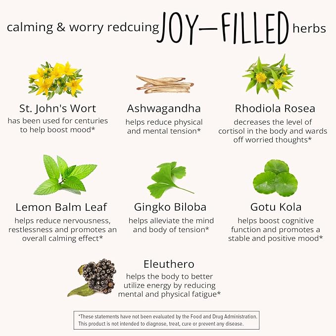 Joy-Filled Mood Support Supplement - 7 Herb Complex + St. Johns Wort (180 Ct) | Rhodiola Rosea, Eleuthero, Ashwagandha | Stress Relief – Helps Calm The Mind & Body | 100% Plant-Based Happy Pills