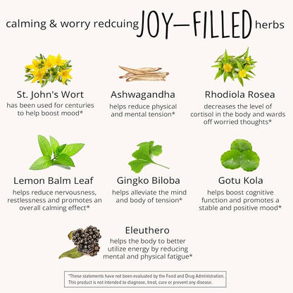 Joy-Filled Mood Support Supplement - 7 Herb Complex + St. Johns Worts (120 Ct) | Stress Relief Supplement with Rhodiola Rosea, Eleuthero | Helps Calm The Mind & Body | 100% Plant-Based Happy Pills
