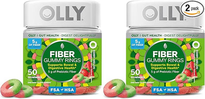 OLLY Fiber Gummy Rings, 5g Prebiotic Fiber, FOS (Fructo-oligosaccharides), Digestive Support, Berry Melon 50ct (Pack of 2)