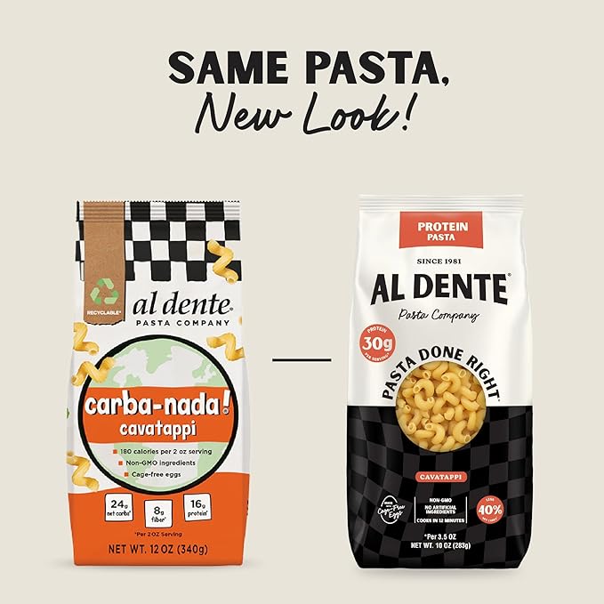 Al Dente Protein Pasta Cavatappi & Rigatoni – 30g High Protein in 3.5oz Serving, Lower Carb, High Fiber. Cage-Free Eggs & Semolina. (Previously Carba-Nada, Packaging May Vary) - 10oz Bags (Pack of 4)