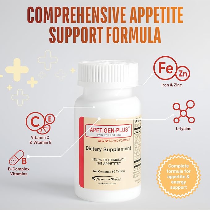Apetigen-Plus Appetite Stimulant for Weight Gain – Multivitamin with Iron, Zinc, L-Lysine & B-Complex – Appetite Booster Tablets for Adults & Kids 12+ – Sugar Free, No Fish Oil – 60 Count