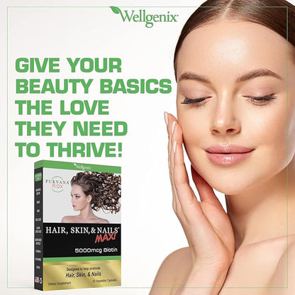 Wellgenix Purvana MAX Hair Skin and Nails Supplement – 5000mcg Biotin with MSM & B-Complex – Support for Thicker Hair, Stronger Nails & Glowing Skin – 30 Veggie Capsules