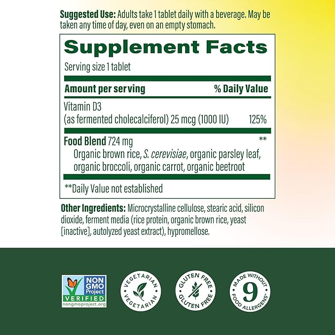 MegaFood Vitamin D3 1000 IU (25 mcg) - Vitamin D Supplements with Real Food, Immune Support, Supports Bones, Teeth & Muscles, Vegetarian, Gluten-Free, Non-GMO, Kosher – 60 Tablets, 60 Servings