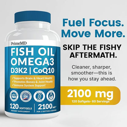 5-in-1 Fish Oil Omega 3 Fatty Supplements (2100mg) - Omega 3 Fish Oil with Vitamins D3 K2 and CoQ10 - Lemon Flavored (120 softgels, Pack of 4)