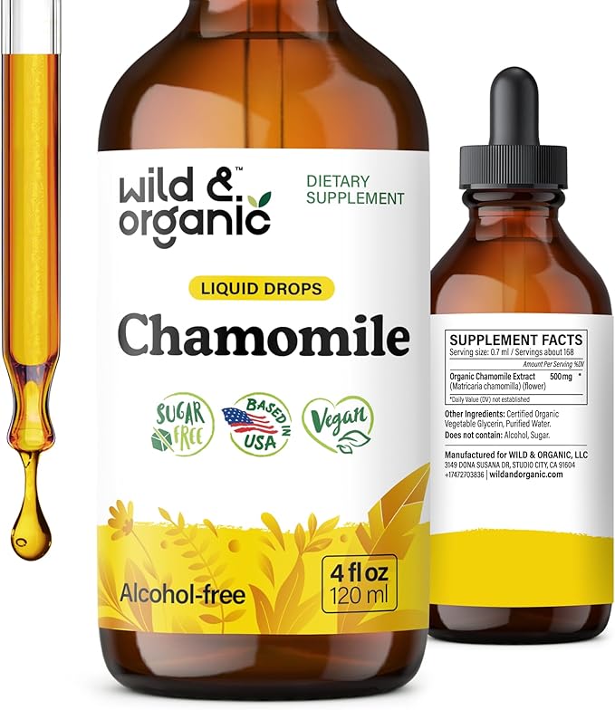 Wild & Organic Chamomile Flowers Drops - Add to Tea for Relaxation Support - 500 mg Chamomile Extract Liquid Drops - Calming Herbal Supplement - 56-Day Supply - Vegan, Sugar & Alcohol-Free - 4 fl oz
