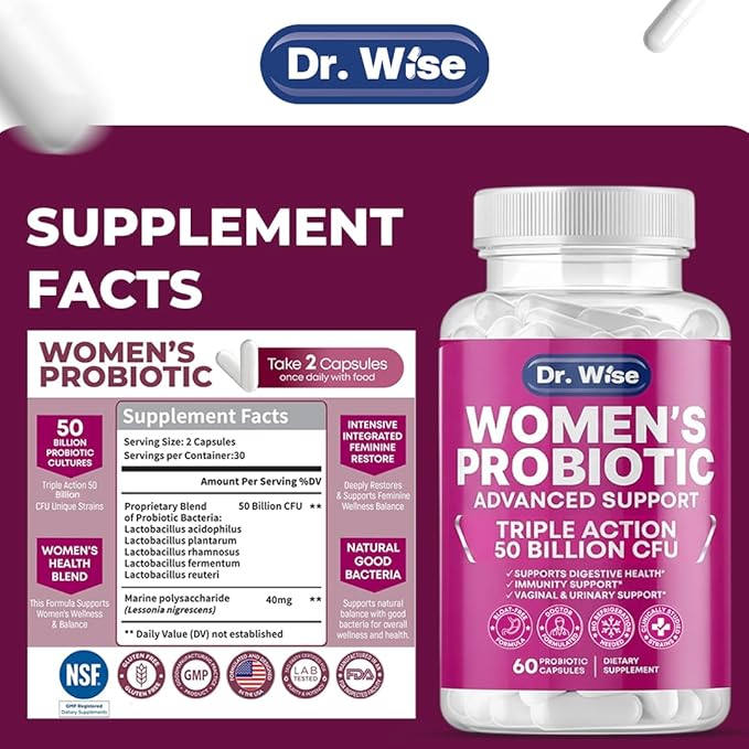Dr. Wise Women’s Probiotic 50 Billion CFU – 60 Veggie Capsules | Vaginal Health & Digestive Support | 5 Targeted Strains Including L. Reuteri & Rhamnosus | Shelf Stable, Non-GMO & Gluten-Free