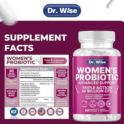 Dr. Wise Women’s Probiotic 50 Billion CFU – 60 Veggie Capsules | Vaginal Health & Digestive Support | 5 Targeted Strains Including L. Reuteri & Rhamnosus | Shelf Stable, Non-GMO & Gluten-Free