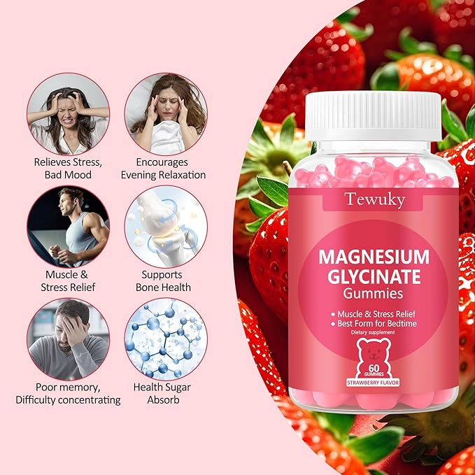 Magnesium Glycinate Gummies 500mg, Sugar-Free for Adults & Kids, Magnesium Gummy for Relaxation, Stress & Muscle Relief, Supports Bone & Nerve Health, Vegan, Pectin-Based, 60 Count, Strawberry Flavor