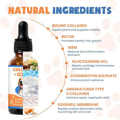 Collagen for Dogs,4.22oz (120ml) Liquid Collagen for Dogs,Enhances Joint Support,Flexibility,Cartilage and Mobility,Relieves Itching in Allergic,Liquid Drops Suitable for Cats and No Side Effects