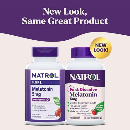 Natrol Melatonin 5mg Fast Dissolve Tablets, Sleep Support Supplements for Adults, Strawberry Flavor, 200 Tablets, Up to 200 Day Supply