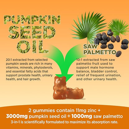 Pumpkin Seed Oil Gummies with Saw Palmetto, Pumpkin Seed Oil Extract for Hair Growth & Prostate Health, Cold-Pressed Supplements for Women Men, Vegan, Sugar Free, Lemon, 60 Chewable