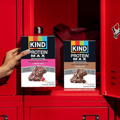 KIND Protein MAX, Raspberry Cocoa Crisp, 20g Protein, 1g Sugar, Low Sugar, High Protein Snack Bars, 4 Count
