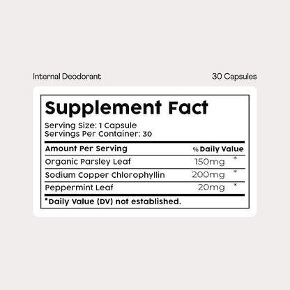 Nuray Internal Deodorant Supplement | Natural Chlorophyll 30 Capsules for Body Odor Control, Gut Health, and Fresh Breath | Vegan, Detox Support, & Skin Health | Odor Eliminator for Men & Women