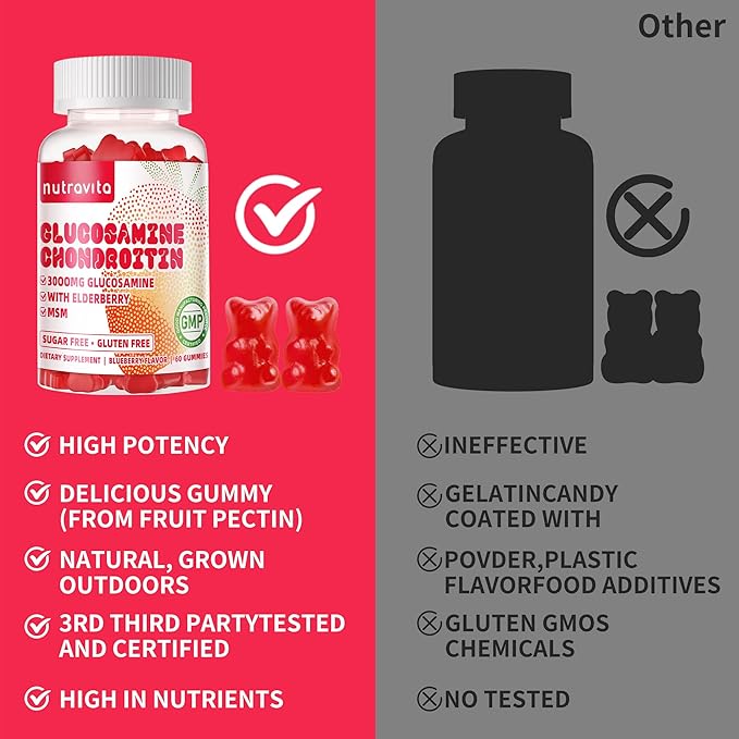 Nutravita Glucosamine Chondroitin Gummies with MSM & Elderberry Extra Strength - Joint Support, Antioxidant Immune Support Supplement for Adults, Men & Women.120 Strawberry Chews