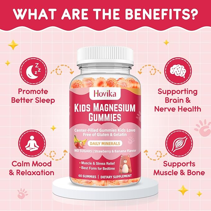 Magnesium Glycinate Gummies for Kids: Calm Magnesium Supplement for Kids & Adults with Zinc Citrate, GABA, Chamomile, Vitamin B6 & C - Sleep, Relaxation & Focus, Strawberry & Banana Flavor 60 Count
