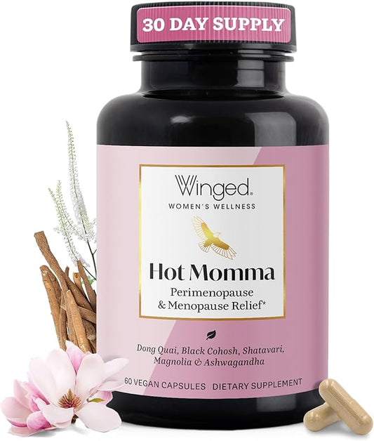 Winged Wellness Hot Momma Menopause Supplements for Women - Hormone-Free Menopause Relief Support for Hot Flashes & Night Sweats with Chaste Tree Berry, Multivitamins & Shatavari - 60 Vegan Capsules