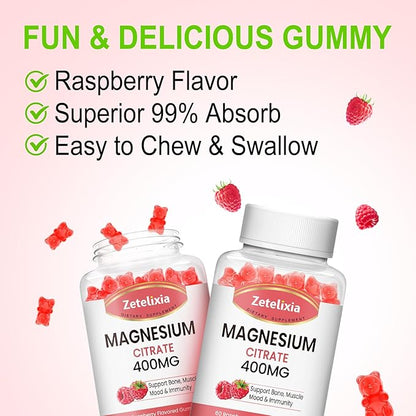 Magnesium Citrate Gummies 400MG, High Absorption Magnesium Gummies for Adults, Muscle & Teeth Support, Vegan 60 Cts