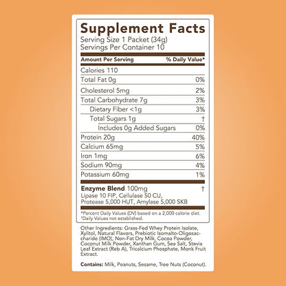 Clean Simple Eats Whey Protein Powder, Chocolate Peanut Butter Flavor Naturally Sweetened, 100% Grass Fed Protein Powder with Digestive Enzymes & No Artificial Ingredients, Gluten Free, 10 Stick Packs