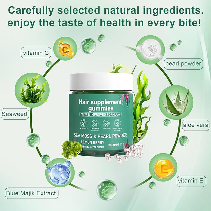 Hair Loss Gummies,Sea Moss Gummies with Vitamin C, Vitamin E, Aloe Vera, Pearl Powder Support Faster Hair Growth,Enhance Nail Elasticity,Promot Radiant Skin,Gluten-Free - 60 Count