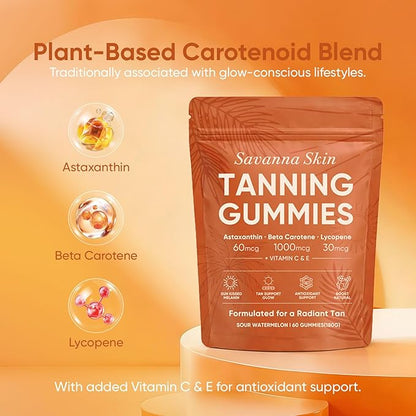 Savanna Skin Tanning Gummies, Astaxanthin, Beta Carotene & Lycopene Blend with Vitamins C & E, Radiant Healthy Skin, Sour Watermelon Flavor, Vegan & Sugar-Free, 60 Count